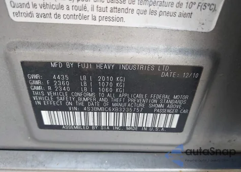 2011 Subaru Legacy 2.5I Premium from USA, damaged, VIN 4S3BMBC6XB3235757